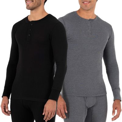 Fruit of The Loom Men's 2-Pack Recycled Waffle Thermal Underwear Henley Top, Black/Greystone Heather, 5X-Large