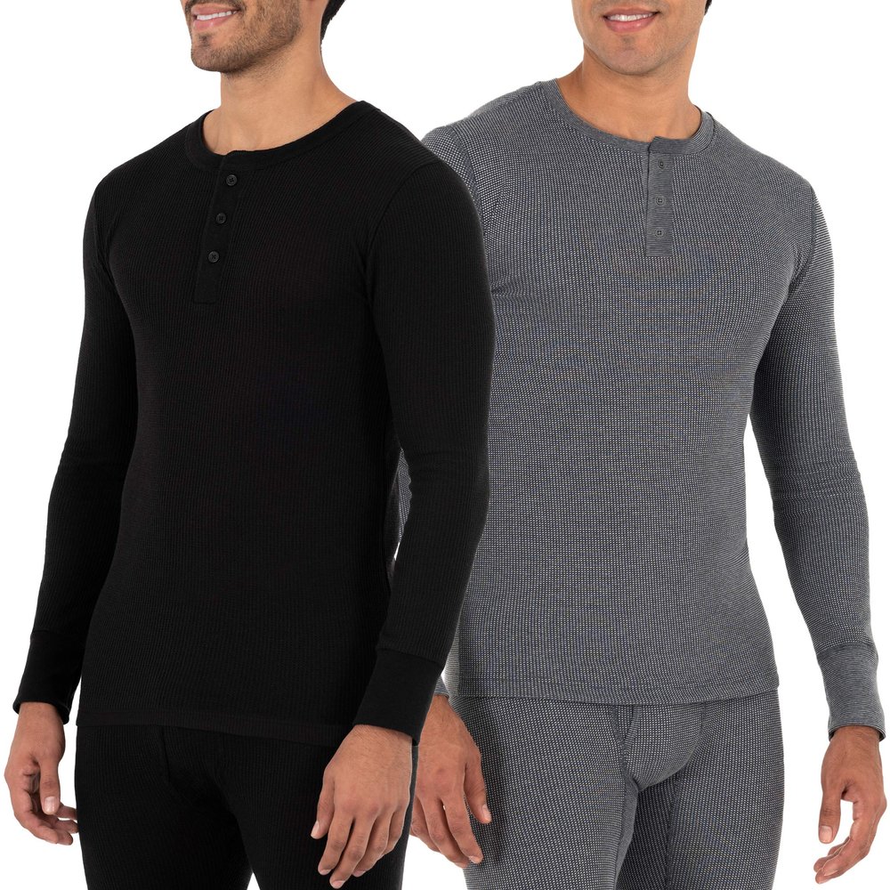 Fruit of The Loom Men's 2-Pack Recycled Waffle Thermal Underwear Henley Top, Black/Greystone Heather, 5X-Large