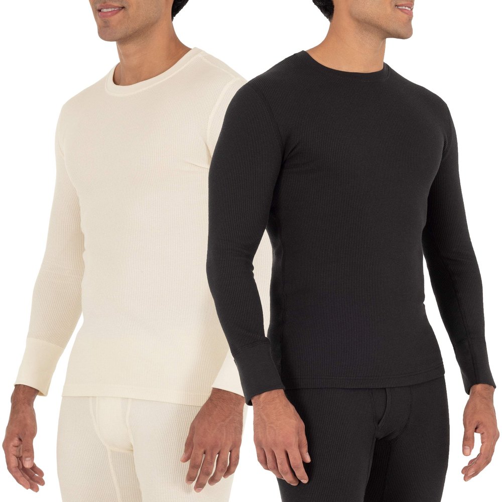 Fruit of the Loom Men's 2-Pack Recycled Waffle Thermal Underwear Crew Top, Black/Natural, Medium
