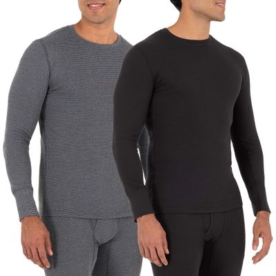 Fruit of the Loom Men's Recycled Waffle Thermal Underwear Crew Top (1 and 2 Packs), Black/Greystone Heather, 5X