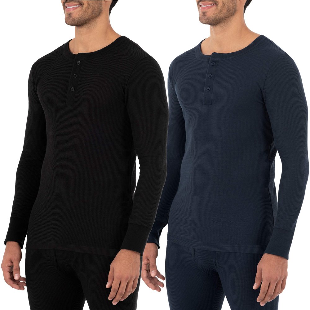 Fruit of The Loom Men's 2-Pack Recycled Waffle Thermal Underwear Henley Top, Black/Navy, Small