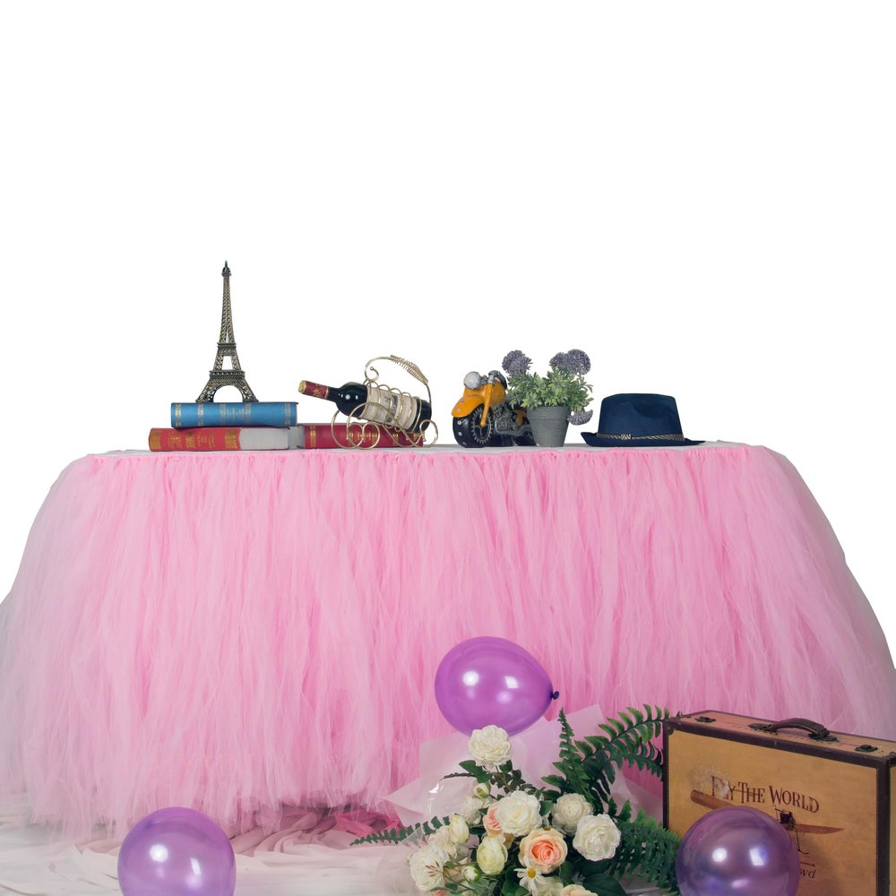 MYMM 9FT(108 * 31 in) Pink Tulle Tutu Table Skirt, Wedding Bridesmaid, Baby Party Skirt, Rectangle Or Round Decorative Table Decoration, Fashion Deluxe Romantic Birthday Party Shower