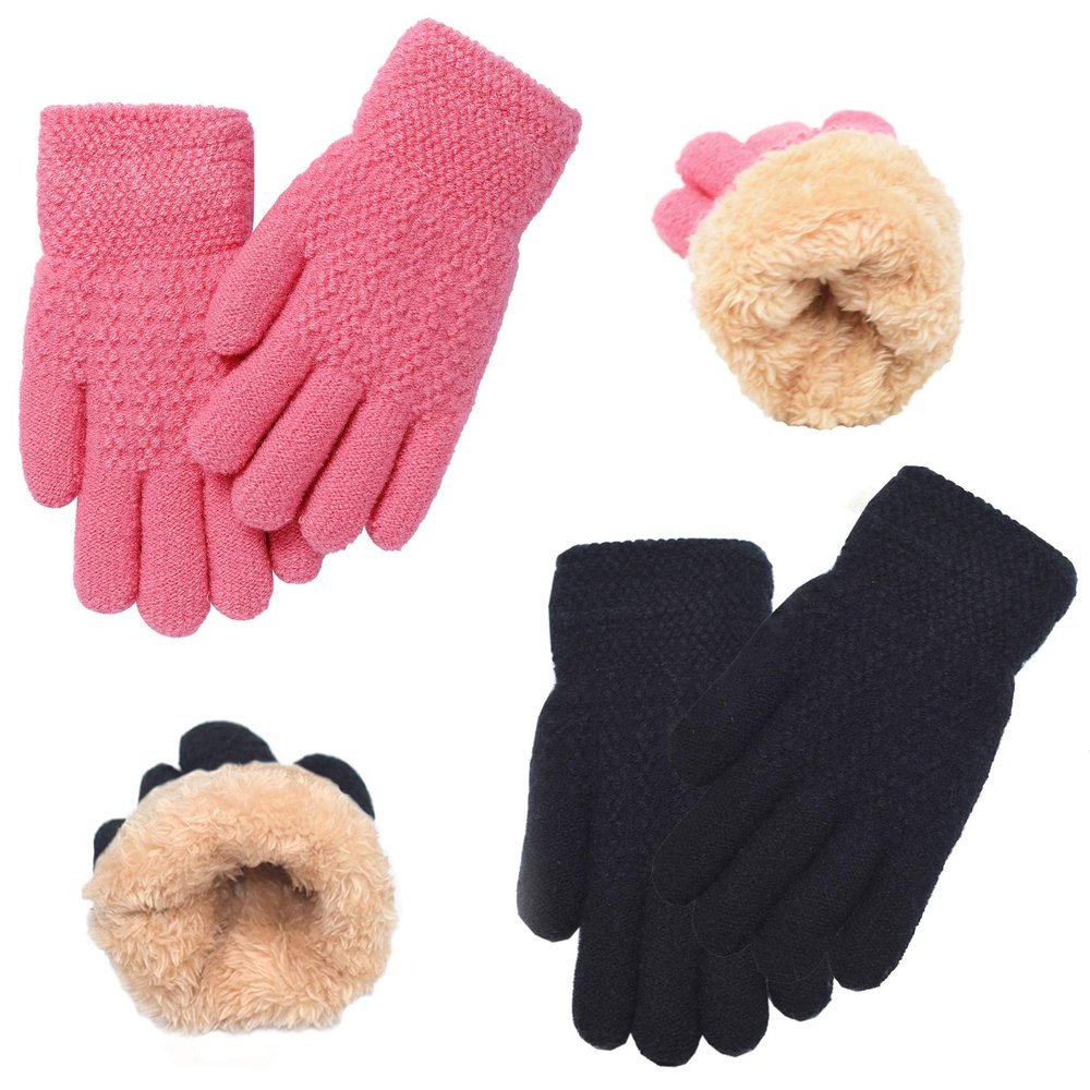 FENELY Winter Gloves for Boys Girls - Kids Warm Knit Thermal Cable Knitted Gloves Black Pink Wool Fleece Lined Mittens for Cold Weather