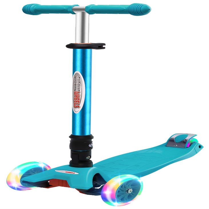 ChromeWheels Foldable Scooters for Kids, Deluxe Kick Scooter 4 Adjustable Height 132lbs Weight Limit 3 Wheel, Lean to Steer LED Light Up Wheels, Best Gifts for Girls Boys Age 3-12 Year Old, Aqua