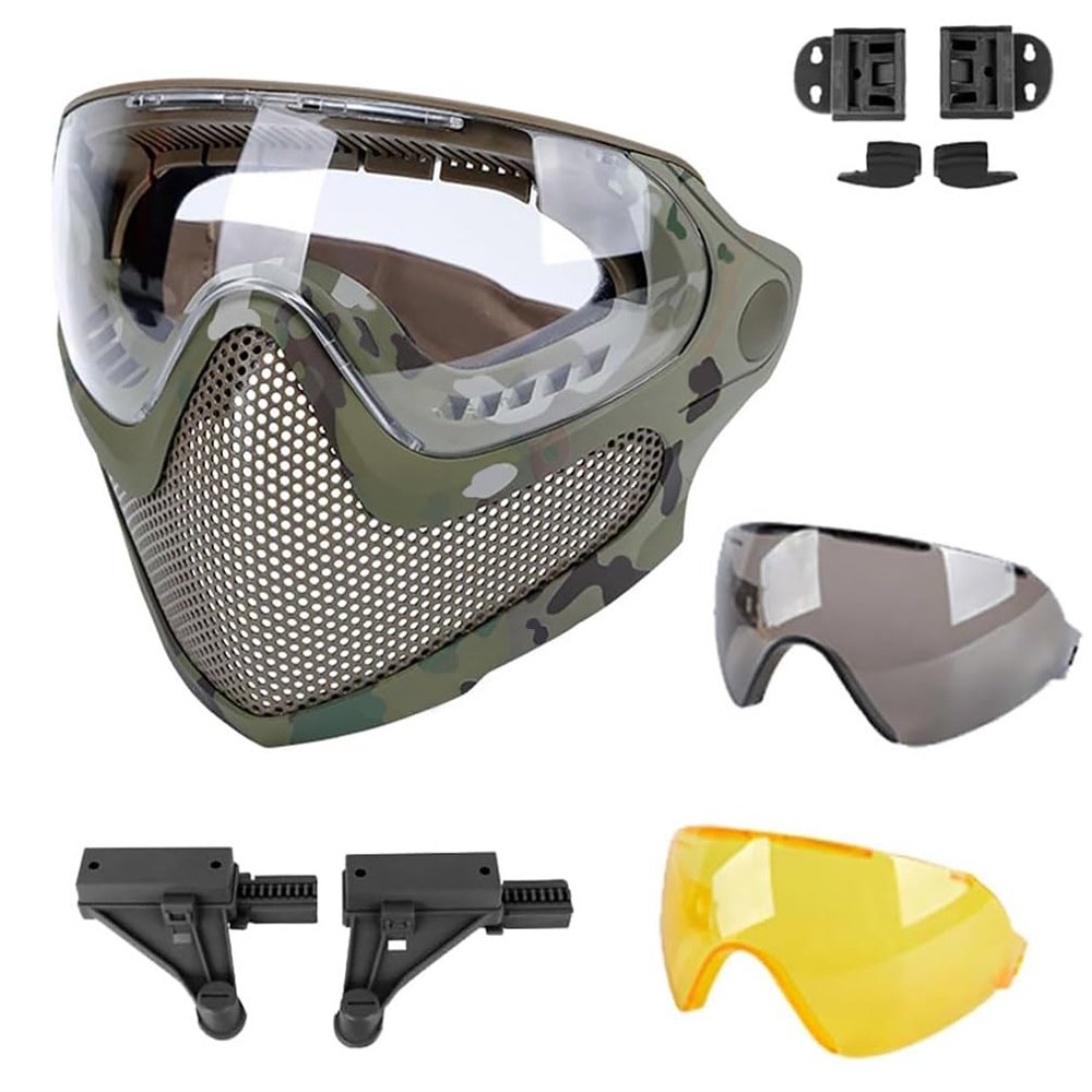 ATAIRSOFT 2 Modes Airsoft Mask Full Face Tactical Safety Protective Mask Anti-Fog Goggles Set with 3 Interchangable Lens (Camouflage)