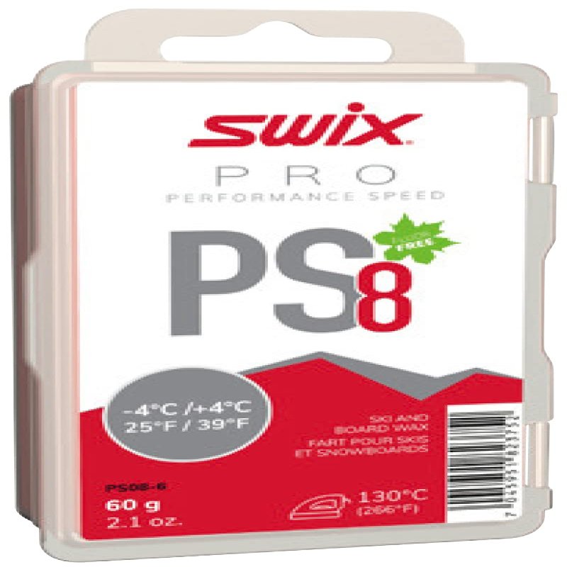 Swix PRO Speed Wax - PS8 Red 25 to 39 Degrees Fahrenheit - 60g Bar - Fluoro Free - Ski or Snowboard