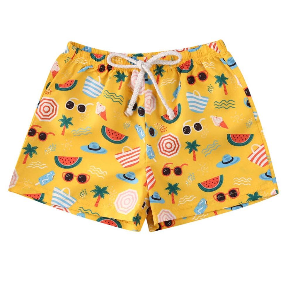 Toddler Baby Boys Swim Shorts Coconut Tree and Leaves Print Swimming Trunk Kids Boy Waves Swimwear (Yellow Beach, 1-2T)