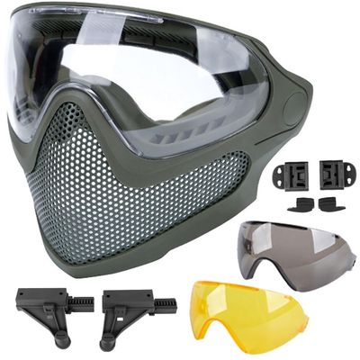 ATAIRSOFT 2 Modes Airsoft Mask Full Face Tactical Safety Protective Mask Anti-Fog Goggles Set with 3 Interchangable Lens (OD Green)