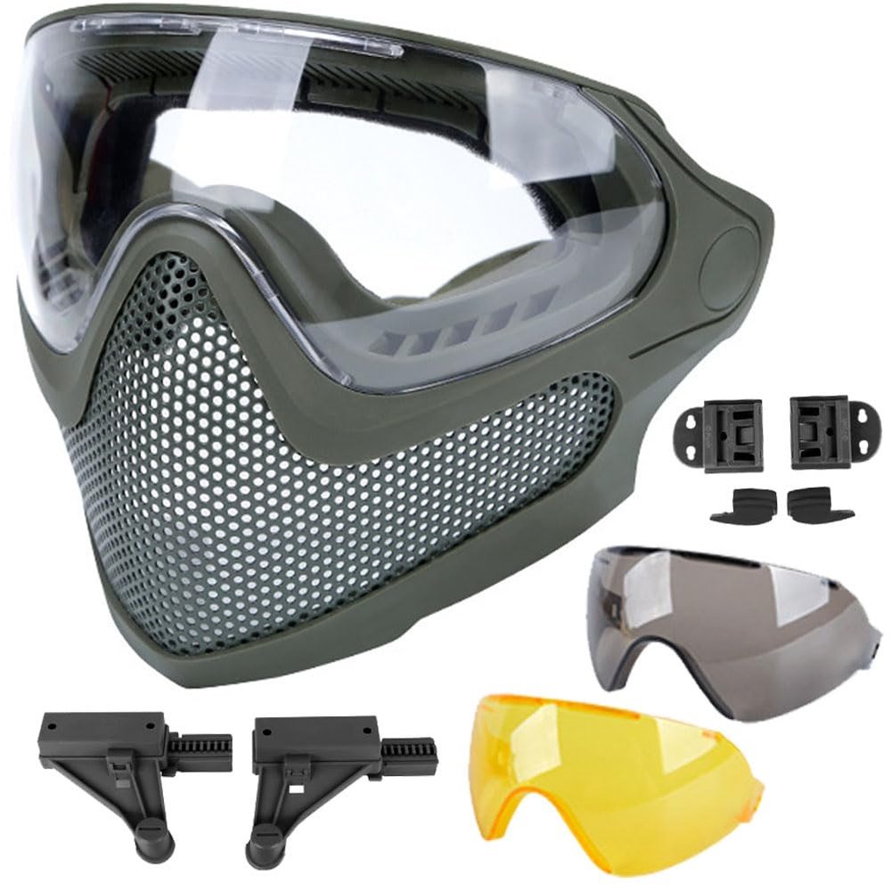 ATAIRSOFT 2 Modes Airsoft Mask Full Face Tactical Safety Protective Mask Anti-Fog Goggles Set with 3 Interchangable Lens (OD Green)