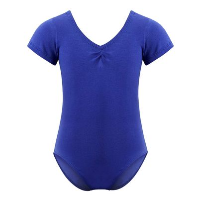 renvena Kids Girls Solid Color Short Sleeves Ballet Dance Jumpsuit Floral Lace V-Shaped Back Gymnastics Leotard Blue 3-4