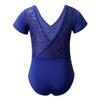 renvena Kids Girls Solid Color Short Sleeves Ballet Dance Jumpsuit Floral Lace V-Shaped Back Gymnastics Leotard Blue 3-4 view 2