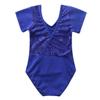 renvena Kids Girls Solid Color Short Sleeves Ballet Dance Jumpsuit Floral Lace V-Shaped Back Gymnastics Leotard Blue 3-4 view 4