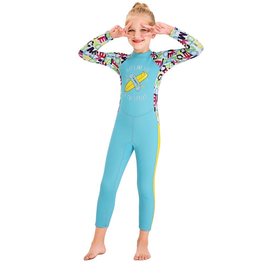 Kids Girls Boys Wetsuit Full Body Neoprene Thermal Swimsuit 2.5MM for Toddler Youth Children Teen, Long Sleeve Child Scuba Diving Surf Suit One Piece Sun Protection for Water Sports (Blue, L)