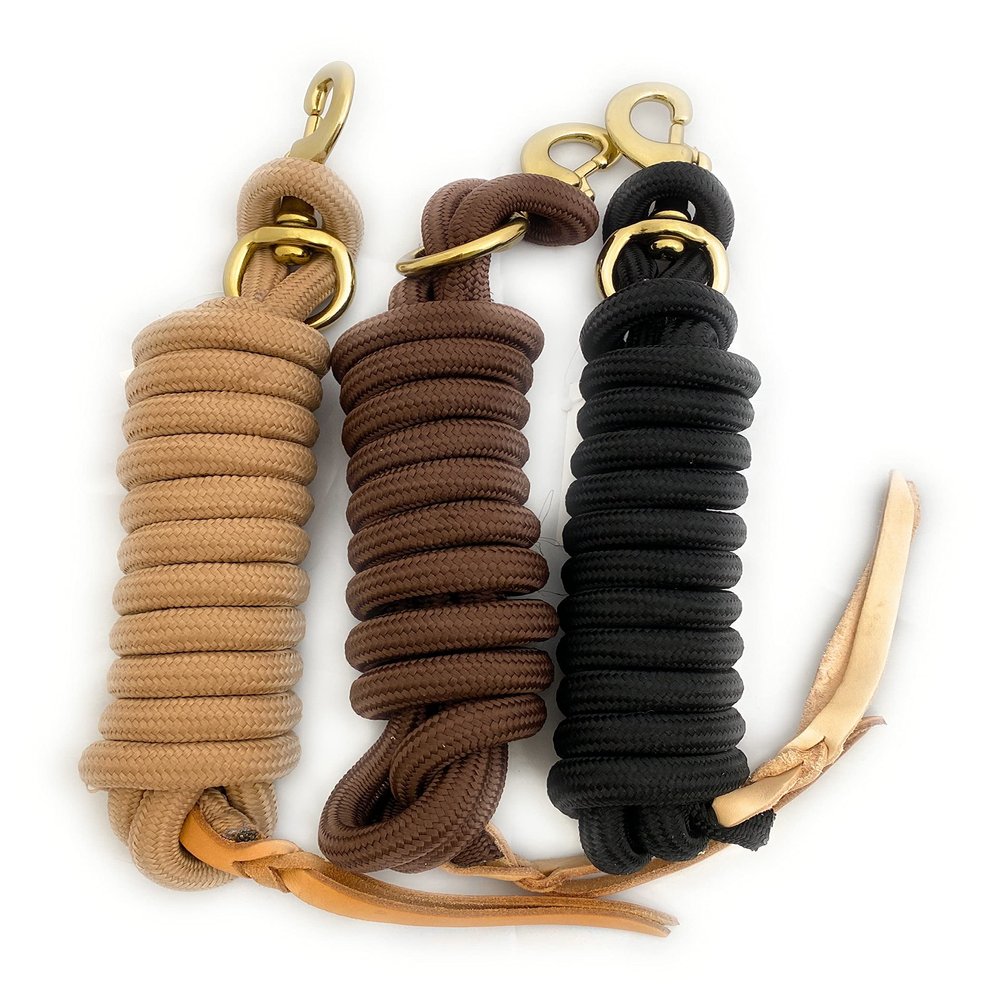 AJ Tack Set of 3 Lead Ropes with Leather Popper - Tan, Brown, and Black