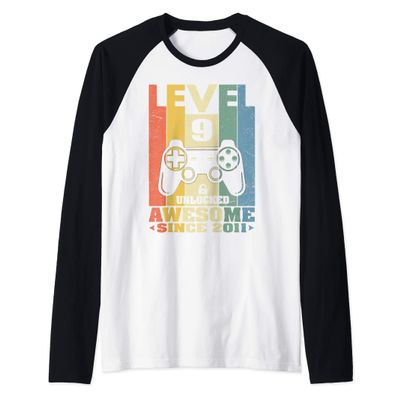 Level 9 Unlocked Awesome Since 2011 Video Game 9th Birthday Raglan Baseball Tee