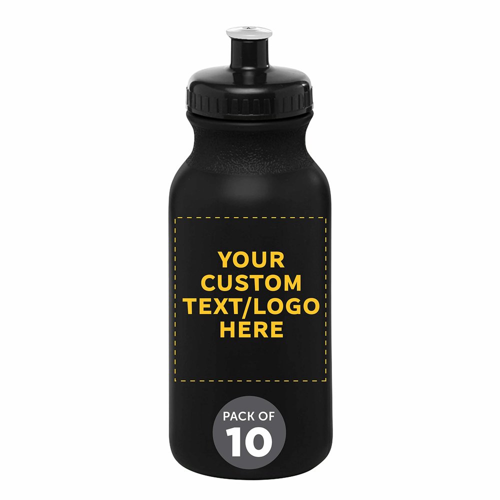 DISCOUNT PROMOS Custom 20 oz. Water Bottles with Push Cap Set of 10, Personalized Bulk Pack - Perfect for Gym, Hiking, Camping, Outdoor Sports - Black