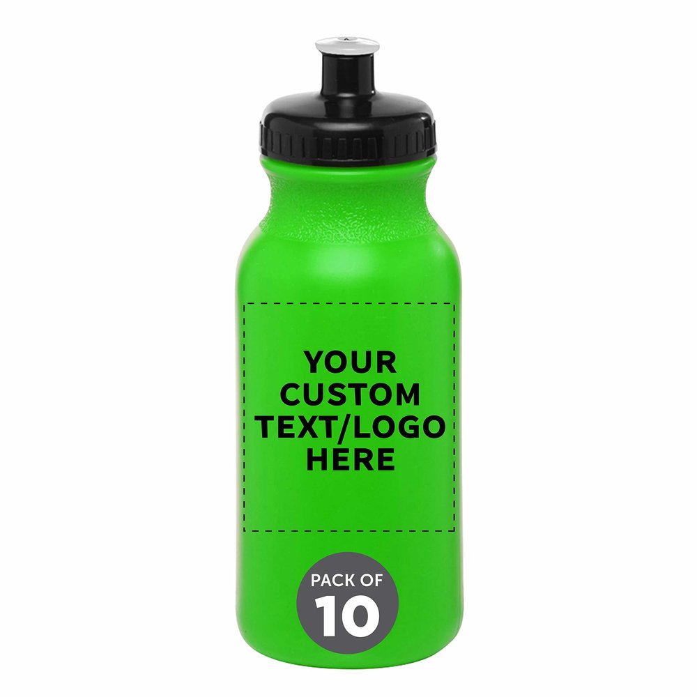 DISCOUNT PROMOS Custom 20 oz. Water Bottles with Push Cap Set of 10, Personalized Bulk Pack - Perfect for Gym, Hiking, Camping, Outdoor Sports - Neon Green