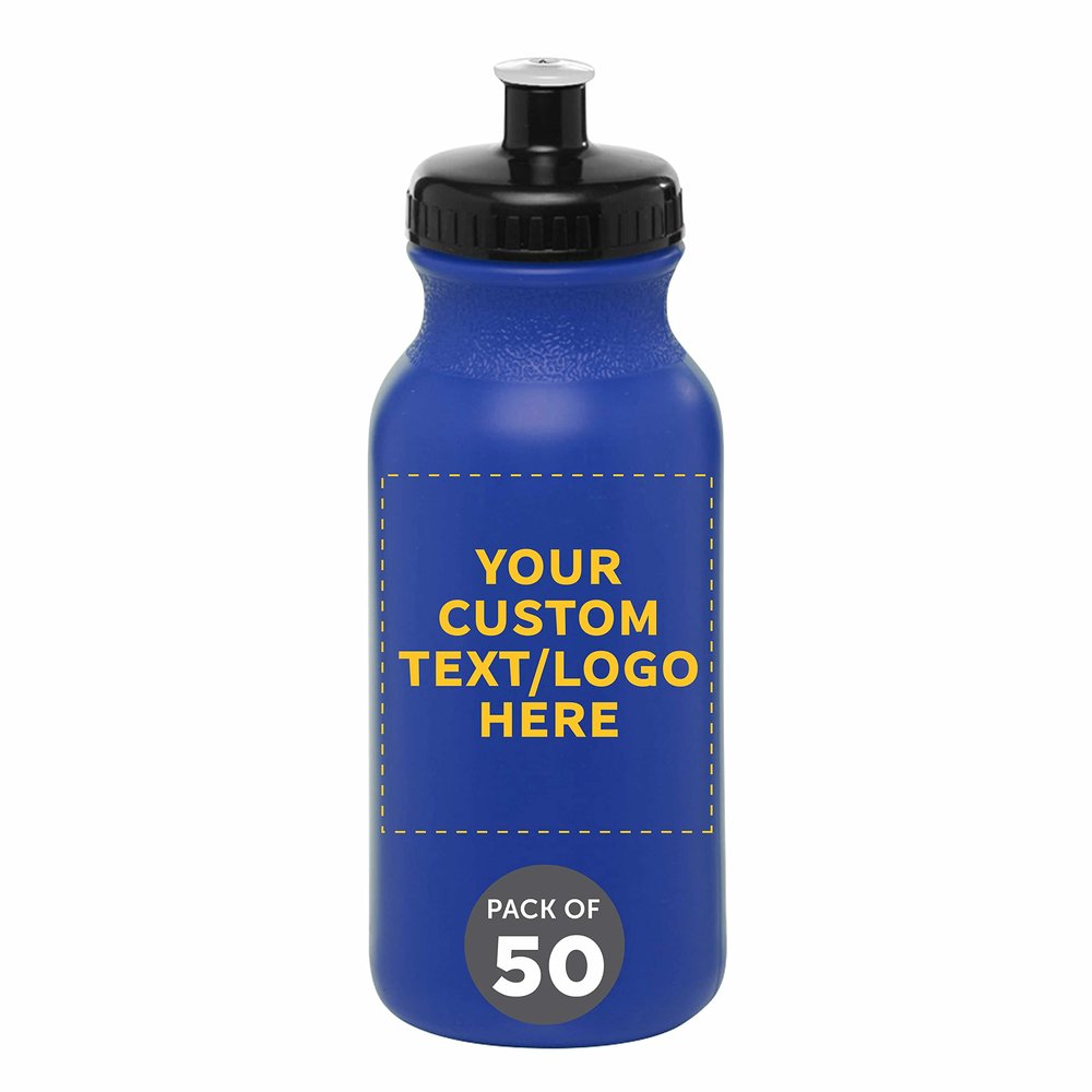 DISCOUNT PROMOS Custom 20 oz. Water Bottles with Push Cap Set of 50, Personalized Bulk Pack - Perfect for Gym, Hiking, Camping, Outdoor Sports - Reflex Blue