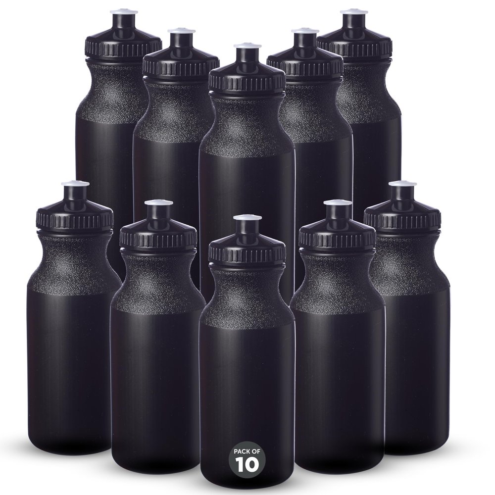 DISCOUNT PROMOS 20 oz. Water Bottles with Push Cap Set of 10, Bulk Pack - Perfect for Gym, Hiking, Camping, Outdoor Sports - Black