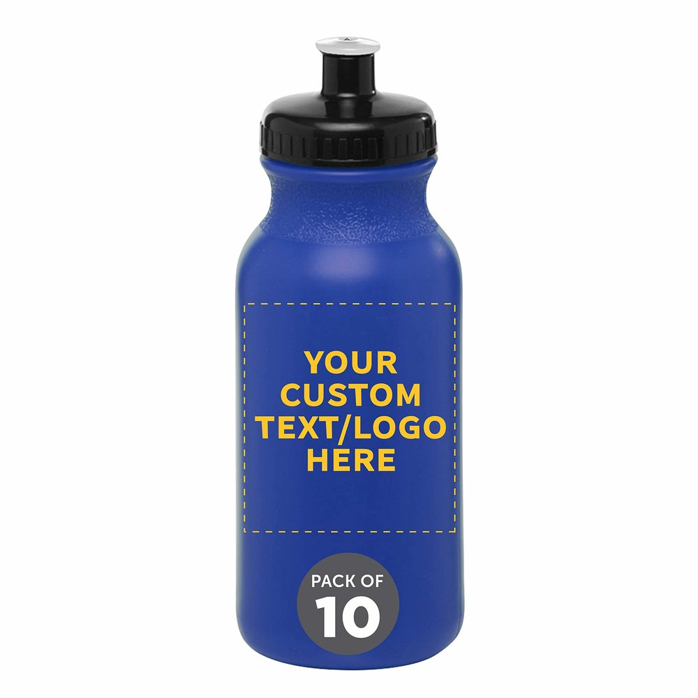 DISCOUNT PROMOS Custom 20 oz. Water Bottles with Push Cap Set of 10, Personalized Bulk Pack - Perfect for Gym, Hiking, Camping, Outdoor Sports - Reflex Blue