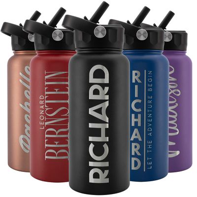 Amazing Items Personalized Water Bottle with Straw Lid, 32 oz - Jet Black | Custom Stainless Steel Sports Water Bottle w/Name and Text - Double Wall + Vacuum Insulated - Rotating Handle