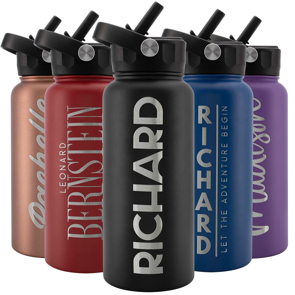 Amazing Items Personalized Water Bottle with Straw Lid, 32 oz - Jet Black | Custom Stainless Steel Sports Water Bottle w/Name and Text - Double Wall + Vacuum Insulated - Rotating Handle