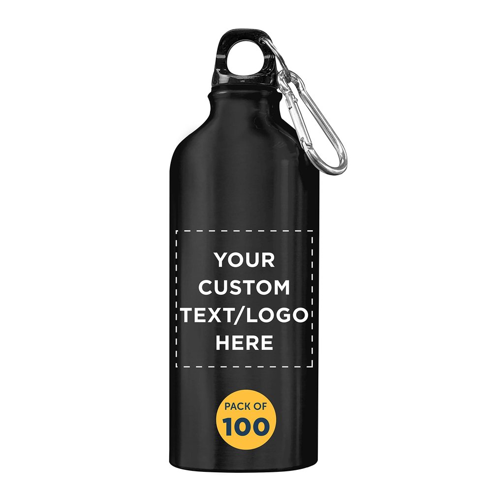 DISCOUNT PROMOS Custom Aluminum Water Bottles 20 oz. Set of 100, Personalized Bulk Pack - Perfect for Gym, Hiking, Any Indoor/Outdoor Activities - Black