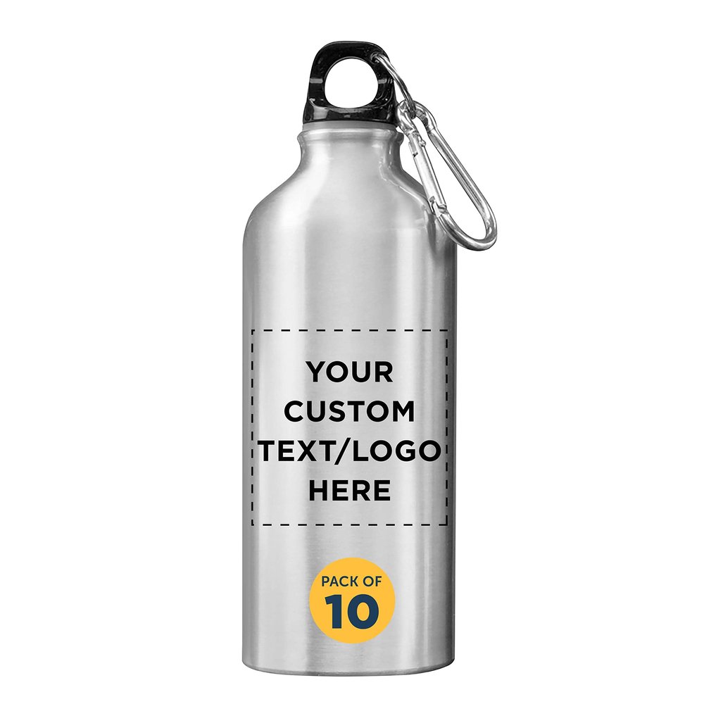 DISCOUNT PROMOS Custom Aluminum Water Bottles 20 oz. Set of 10, Personalized Bulk Pack - Perfect for Gym, Hiking, Any Indoor/Outdoor Activities - Silver