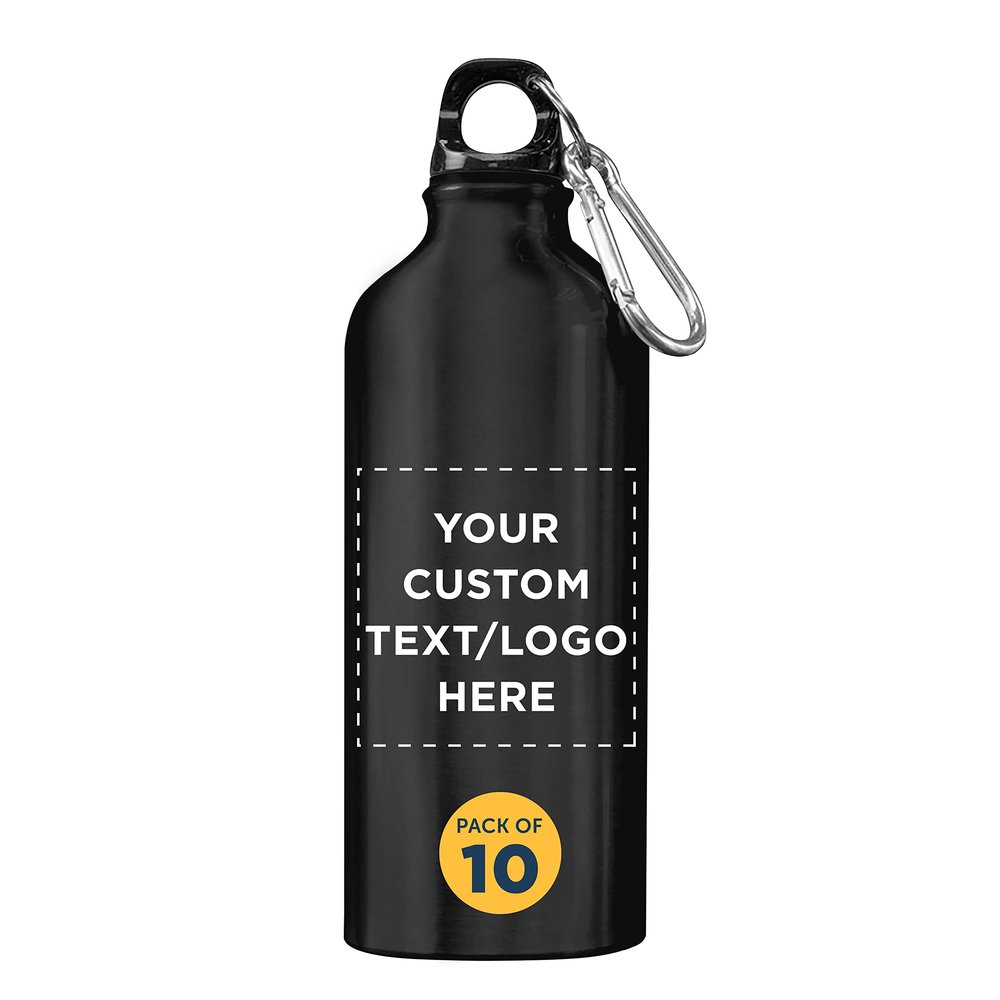 DISCOUNT PROMOS Custom Aluminum Water Bottles 20 oz. Set of 10, Personalized Bulk Pack - Perfect for Gym, Hiking, Any Indoor/Outdoor Activities - Black