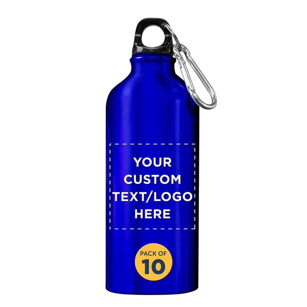 DISCOUNT PROMOS Custom Aluminum Water Bottles 20 oz. Set of 10, Personalized Bulk Pack - Perfect for Gym, Hiking, Any Indoor/Outdoor Activities - Blue