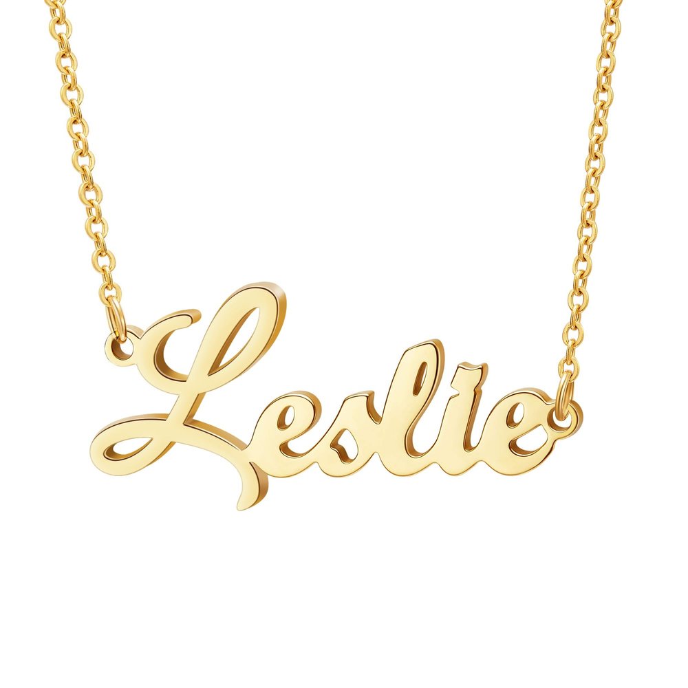 Ldurian Custom Name Necklace, Leslie Name Plate Pendant Necklace Pre Gifts, Charm Necklaces Jewelry for Birthday Anniversary