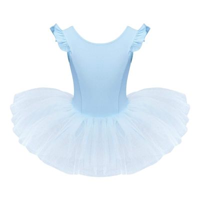 IDOPIP Girls Ruffle Sleeves Ballet Dance Dress Tutu Skirted Leotard for Toddler Kids Ballerina Dress Gymnastics Dancewear Costume Blue 18-24 Months