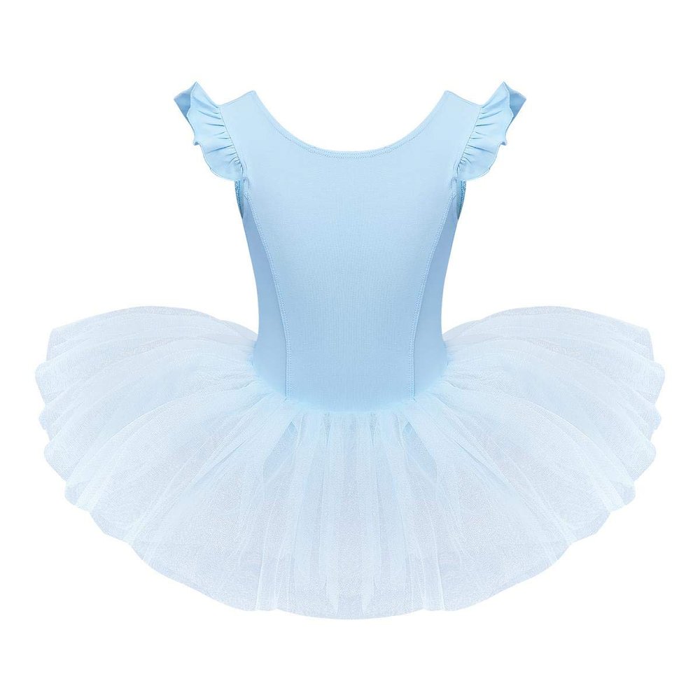 IDOPIP Girls Ruffle Sleeves Ballet Dance Dress Tutu Skirted Leotard for Toddler Kids Ballerina Dress Gymnastics Dancewear Costume Blue 18-24 Months