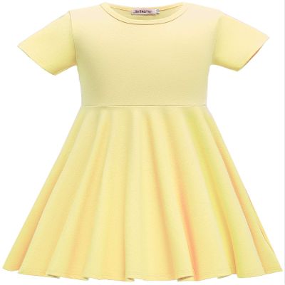 TriKalor Girls Dresses Short Sleeve Solid Color Skater Casual Twirly Dress with Pockets Yellow 1-2T