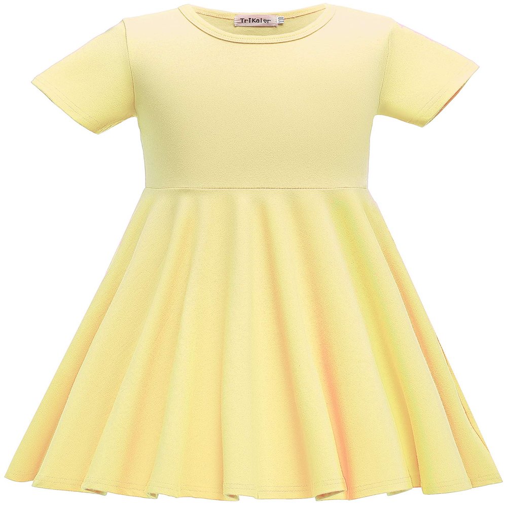 TriKalor Girls Dresses Short Sleeve Solid Color Skater Casual Twirly Dress with Pockets Yellow 1-2T