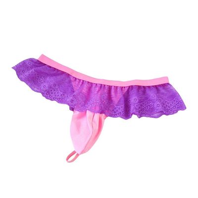 Men's Frilly Lace Trim Sissy Skirted Panties T-back G-string Thongs Briefs Girly Lingerie Crossdress Underwear Purle One Size