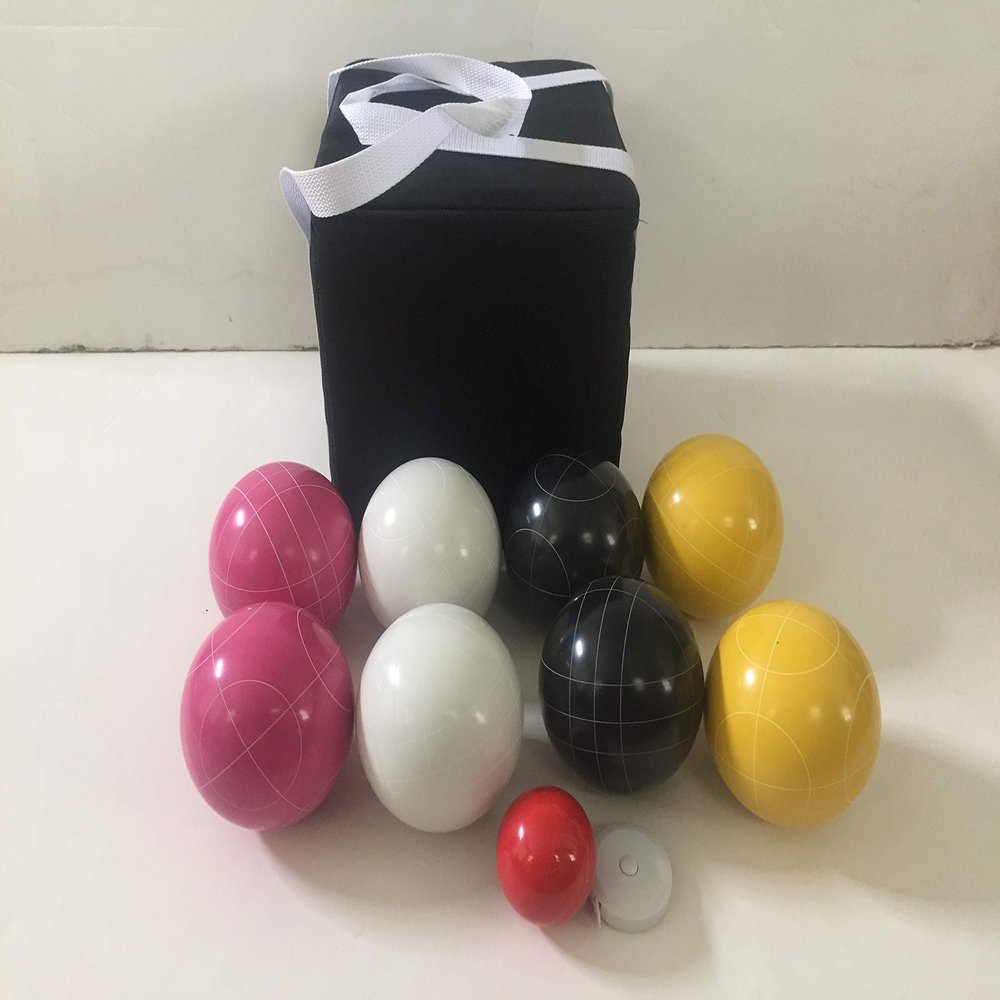 BuyBocceBalls Listing - Unique Bocce Set - 107mm with White, Yellow, Black, Pink Balls