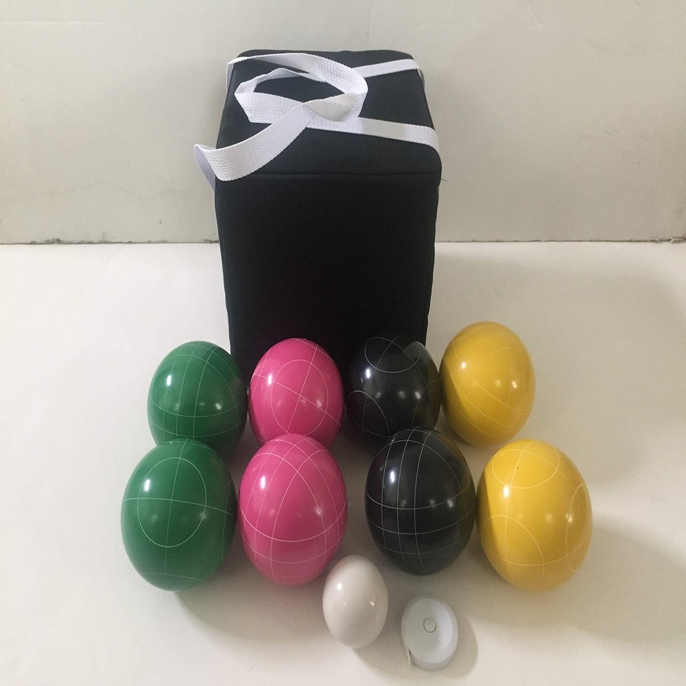 BuyBocceBalls Listing - Unique Bocce Set - 107mm with Green, Yellow, Black, Pink Balls