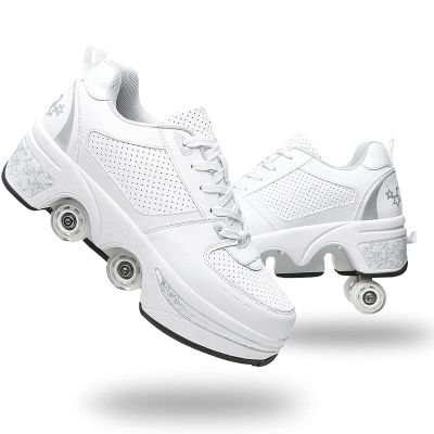 Double-Row Deform Wheel Automatic Walking Shoes Invisible Deformation Roller Skate 2 in 1 Removable Pulley Skates Skating Parkour (White Silver, US 6.5)