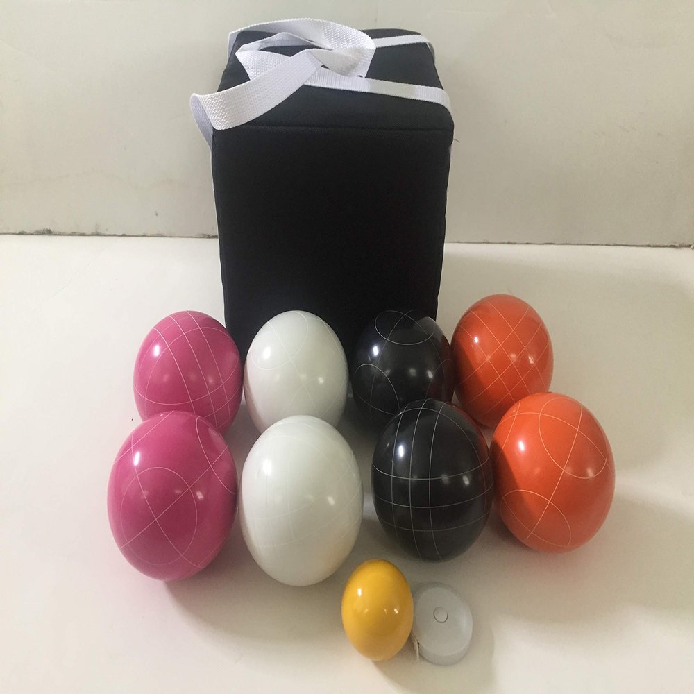 BuyBocceBalls Listing - Unique Bocce Set - 107mm with White, Orange, Black, Pink Balls