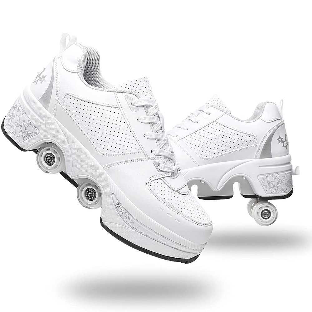 Double-Row Deform Wheel Automatic Walking Shoes Invisible Deformation Roller Skate 2 in 1 Removable Pulley Skates Skating Parkour (White Silver, US 5.5)