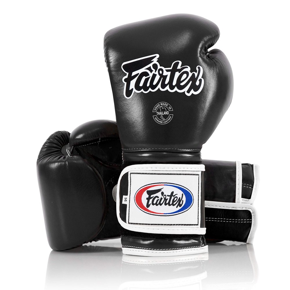 Fairtex Muay Thai Boxing Gloves BGV9 - Heavy Hitter Mexican Style Training & Sparring Gloves for Kick Boxing MMA K1 (Black/White Piping, 12 oz)