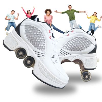 MLyzhe Deformation Roller Shoes Male and Female Skating Shoes Adult Children's Automatic Walking Shoes Invisible Pulley Shoes Skates with Double-Row Deform Wheel