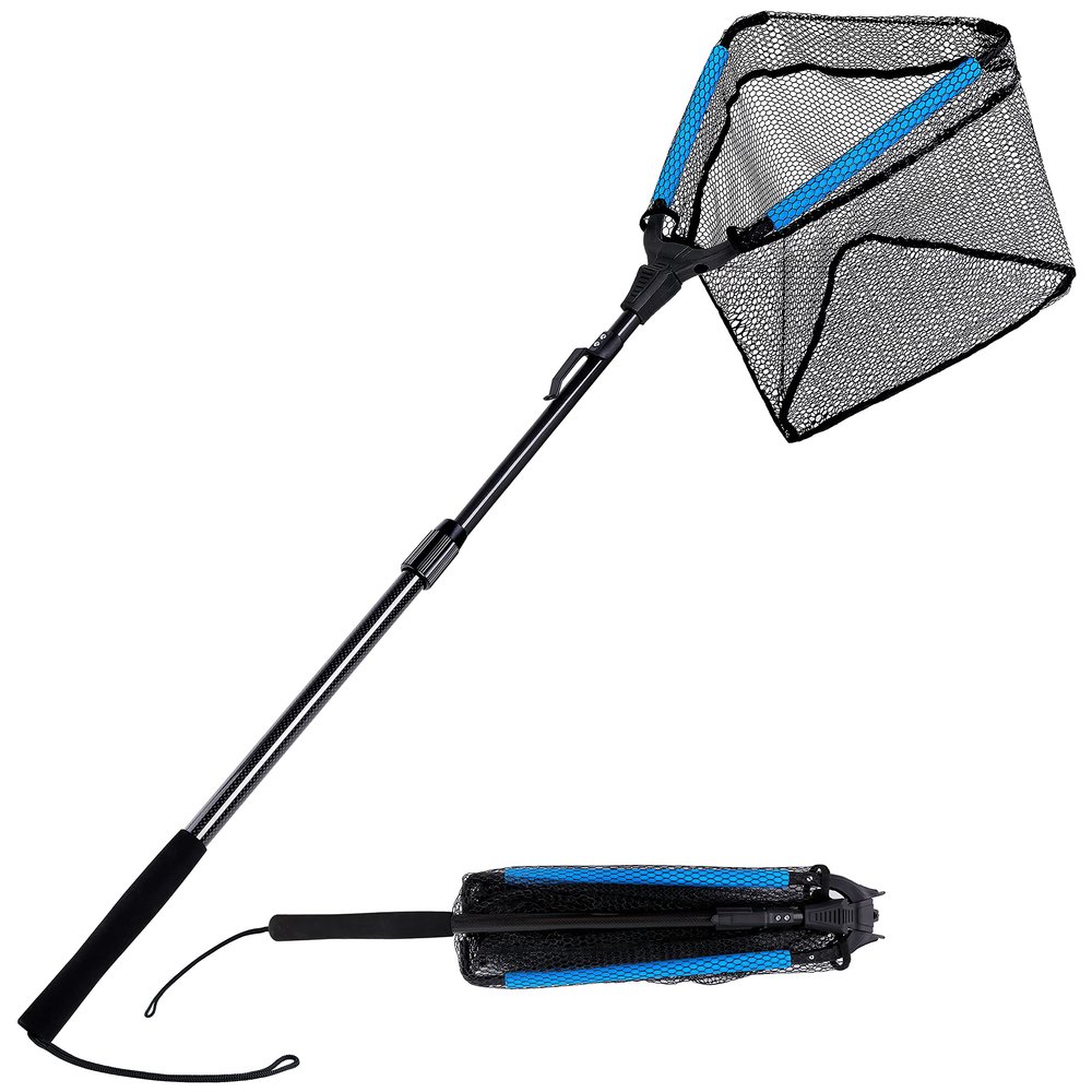 PLUSINNO Fishing Net Fish Floating Landing Net, Kayak Nets with Fixed Foldable Telescopic Pole Handle, Bass Trout Fishing Nets with Nylon Mesh for Pond Lake River,Fishing Gear Gifts for Men,Blue 1.5