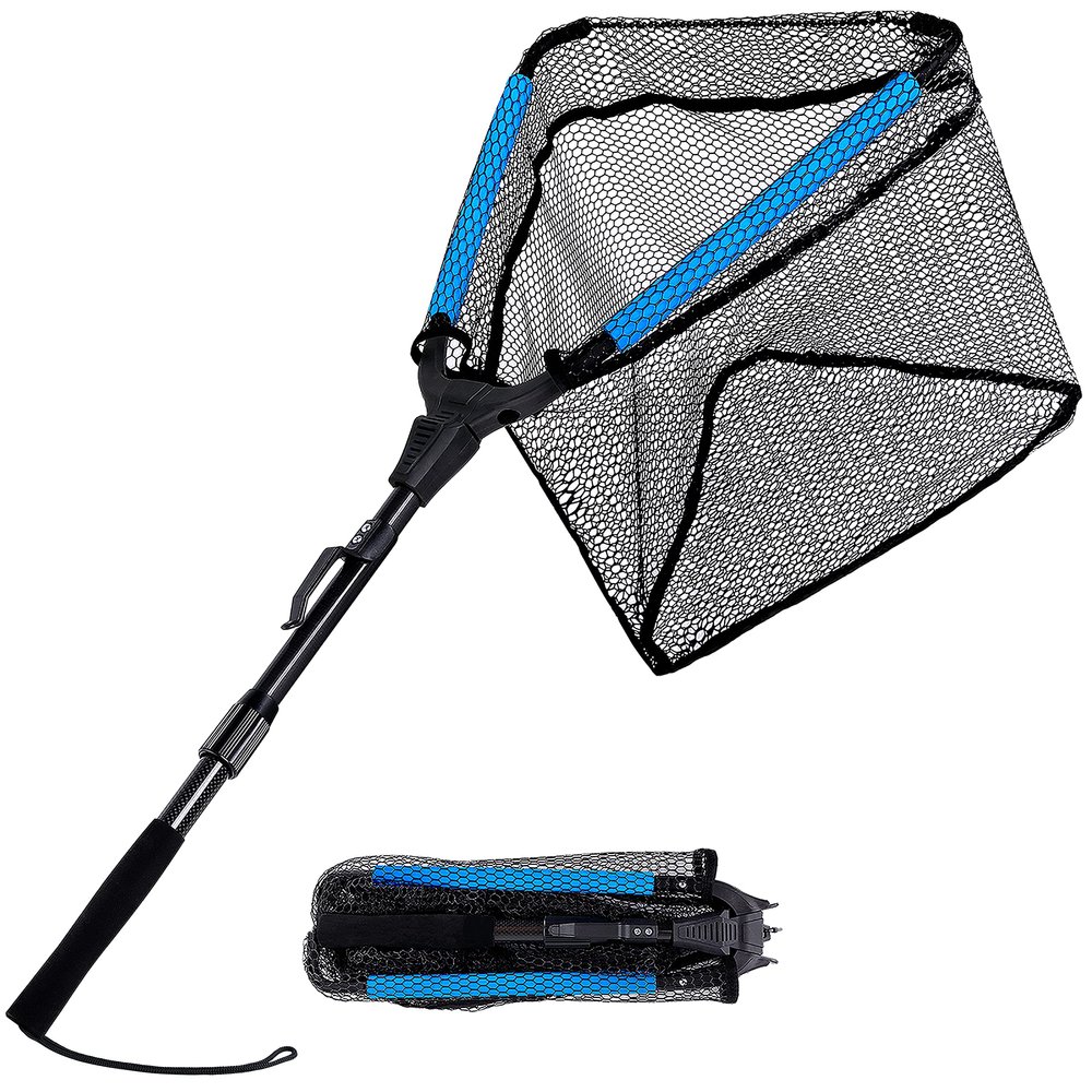 PLUSINNO Fishing Net Fish Floating Landing Net, Kayak Nets with Fixed Foldable Telescopic Pole Handle, Bass Trout Fishing Nets with Nylon Mesh for Pond Lake River,Fishing Gear Gifts for Men,Blue 0.9M