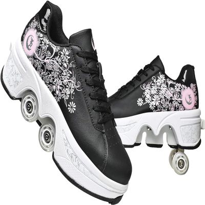 Double-Row Deform Wheel Automatic Walking Shoes Invisible Deformation Roller Skate 2 in 1 Removable Pulley Skates Skating Parkour (Black Powder, US 7.5)
