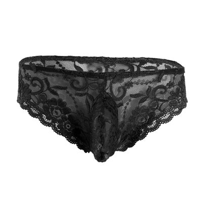 Hansber Men's Sissy Pouch Panties Lace Bikini Briefs Underwear Low Rise G-String Thongs Crossdress Nightwear Black X-Large