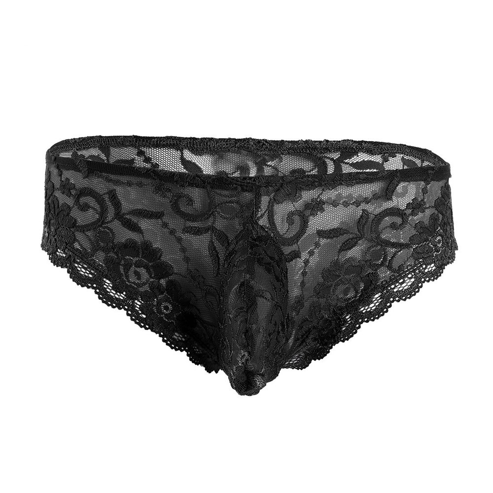 Hansber Men's Sissy Pouch Panties Lace Bikini Briefs Underwear Low Rise G-String Thongs Crossdress Nightwear Black X-Large