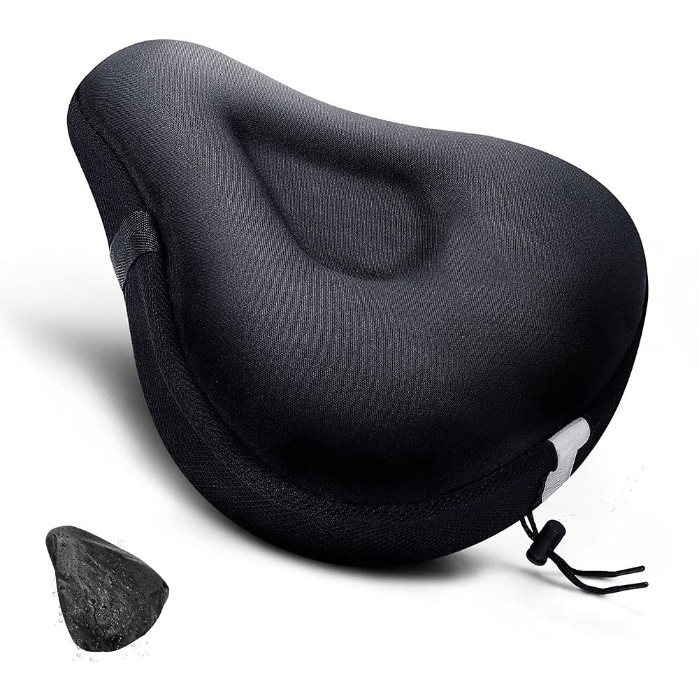 ANZOME Gel Bike Seat Cushion for Women & Men - Extra Soft Memory Foam Padded Bike Seat Cover for Peloton, Spin Class & Exercise Bikes - Non-Slip Fit with Reflective Strip (Black, Fits up to 10.5x9.5)