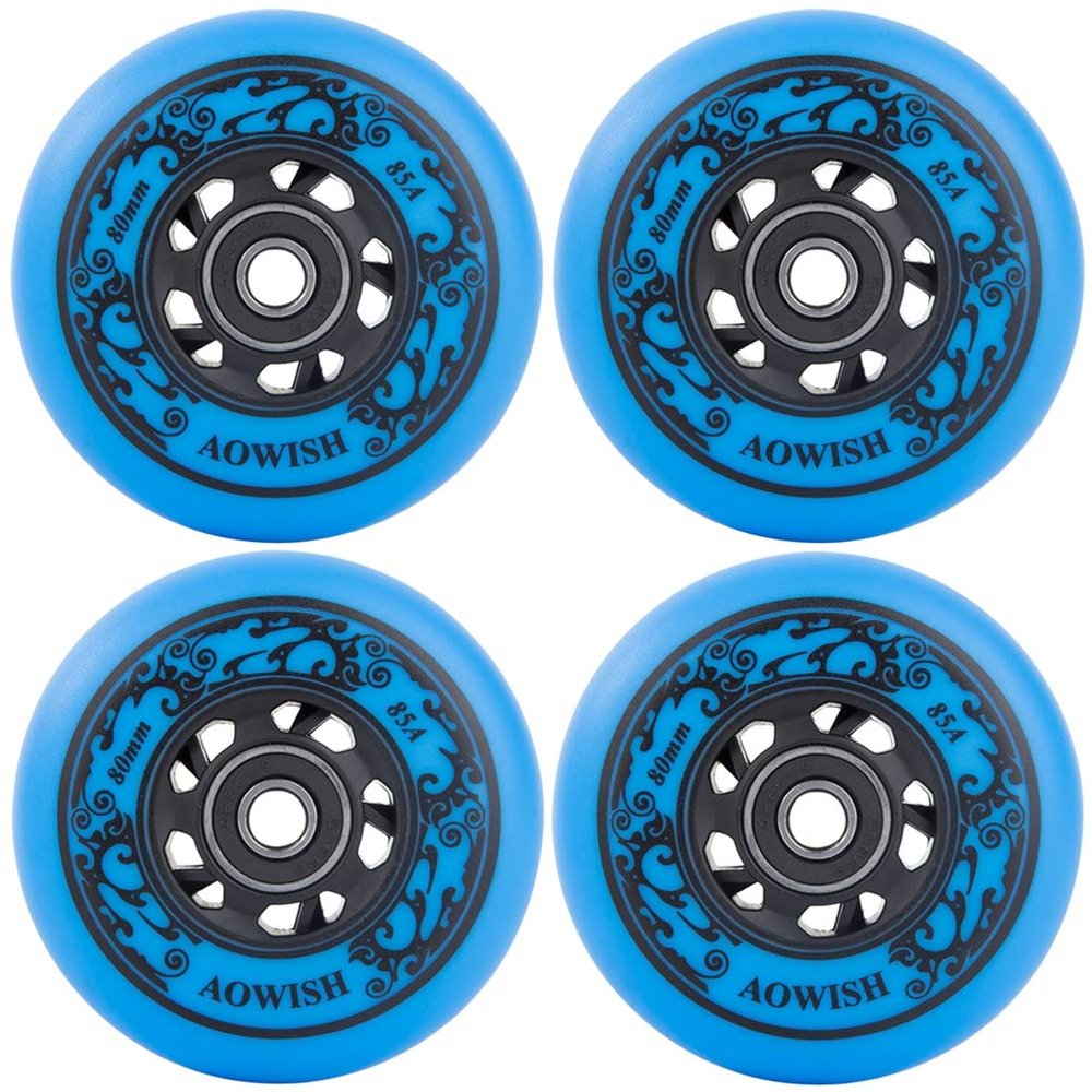 AOWISH 4-Pack Inline Skate Wheels Outdoor Asphalt Formula 85A Hockey Roller Blades Replacement Wheel with Bearings ABEC-9 and Floating Spacers (Blue, 76mm)